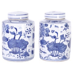 Vintage Pair of Blue and White Porcelain Tea Caddies or Canisters