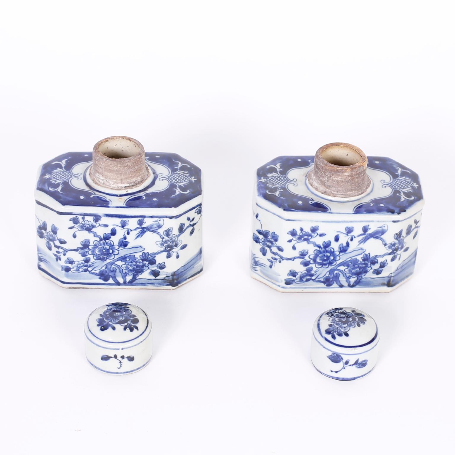 Contemporary Pair of Blue and White Porcelain Tea Caddies with Flowers For Sale