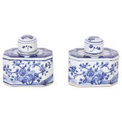 Used Pair of Blue and White Porcelain Tea Caddies with Flowers