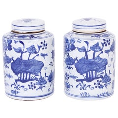 Vintage Pair of Blue and White Porcelain Tea Jars