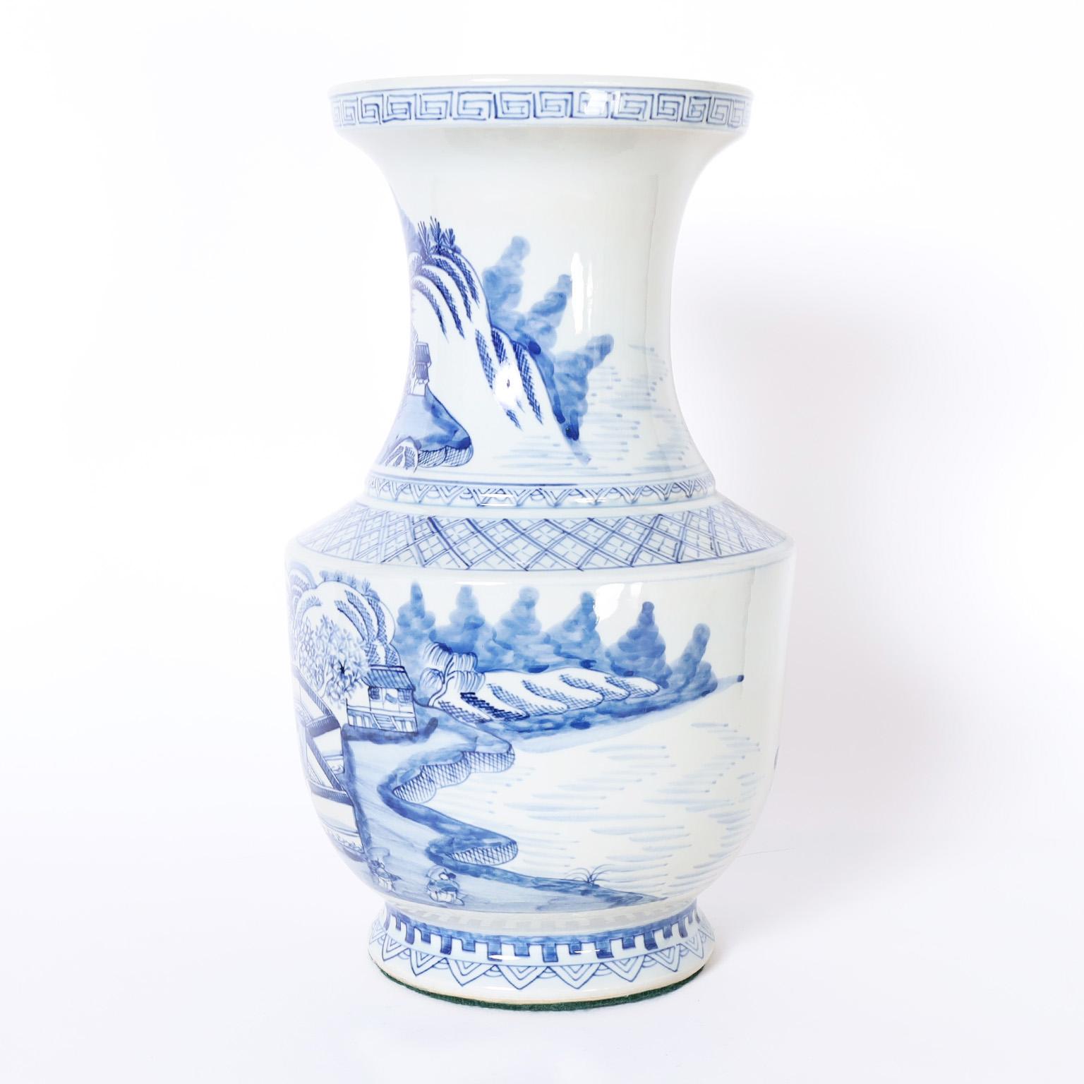 Glazed Pair of Blue and White Porcelain Vases