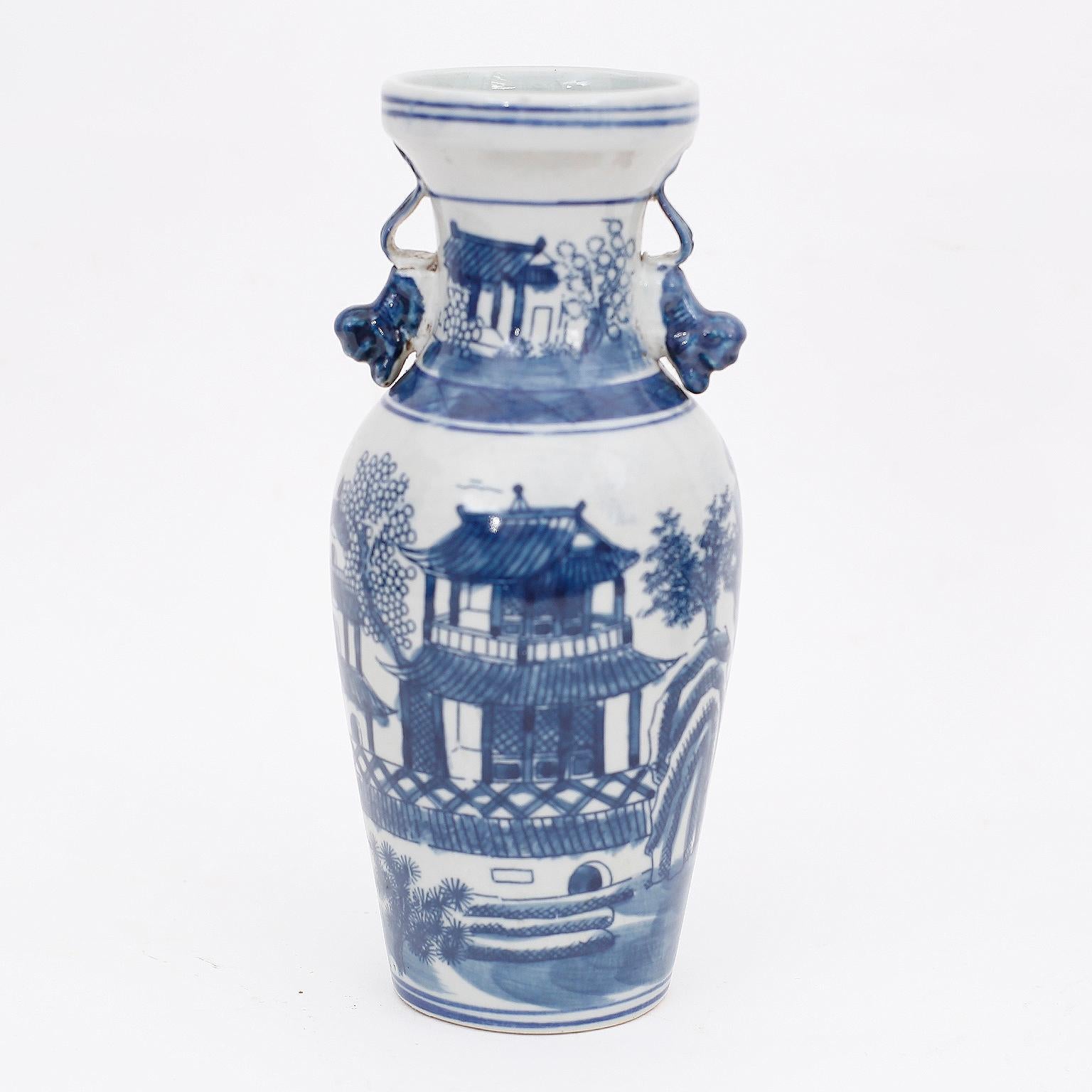 Chinese Export Pair of Blue and White Porcelain Vases with Pagodas