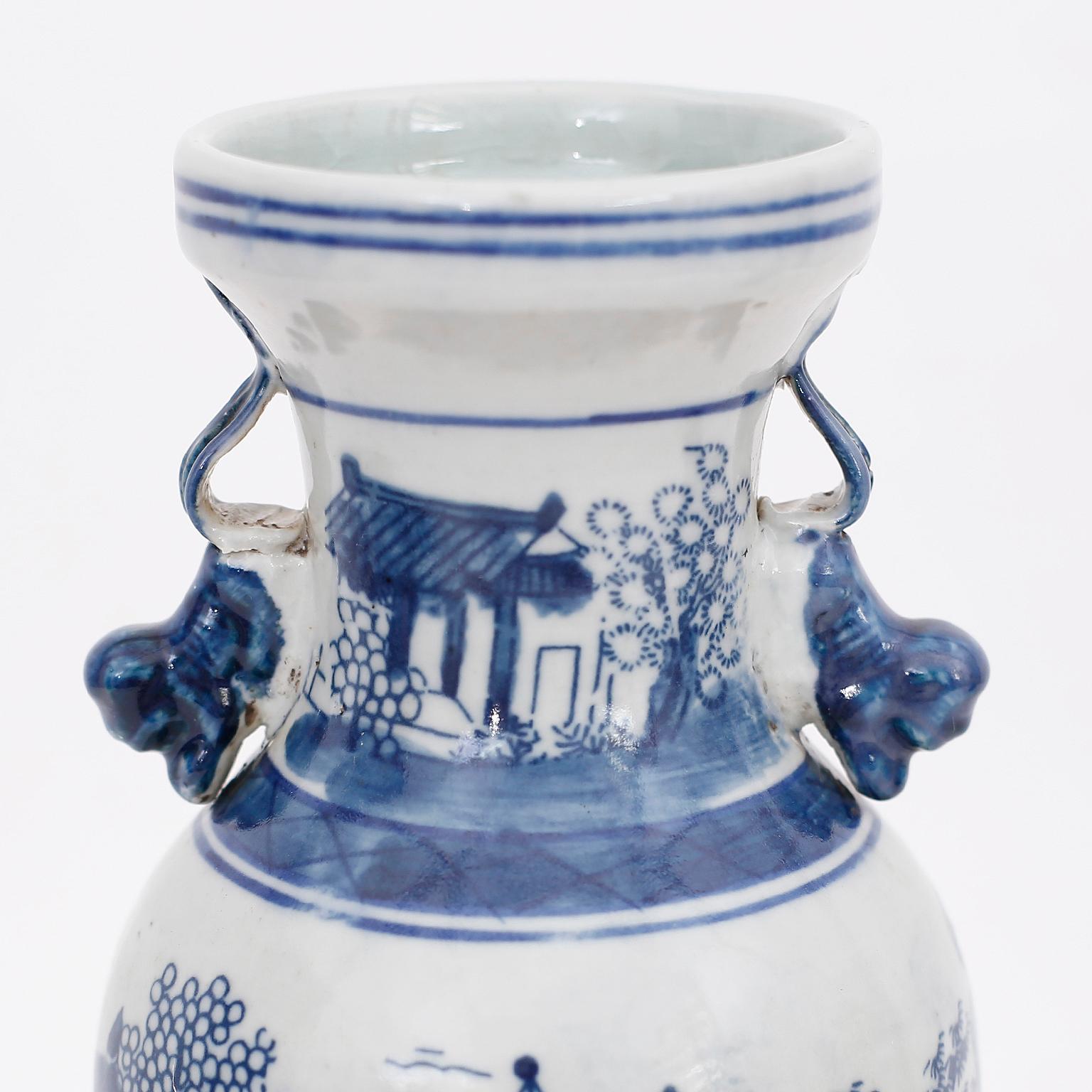 Chinese Pair of Blue and White Porcelain Vases with Pagodas