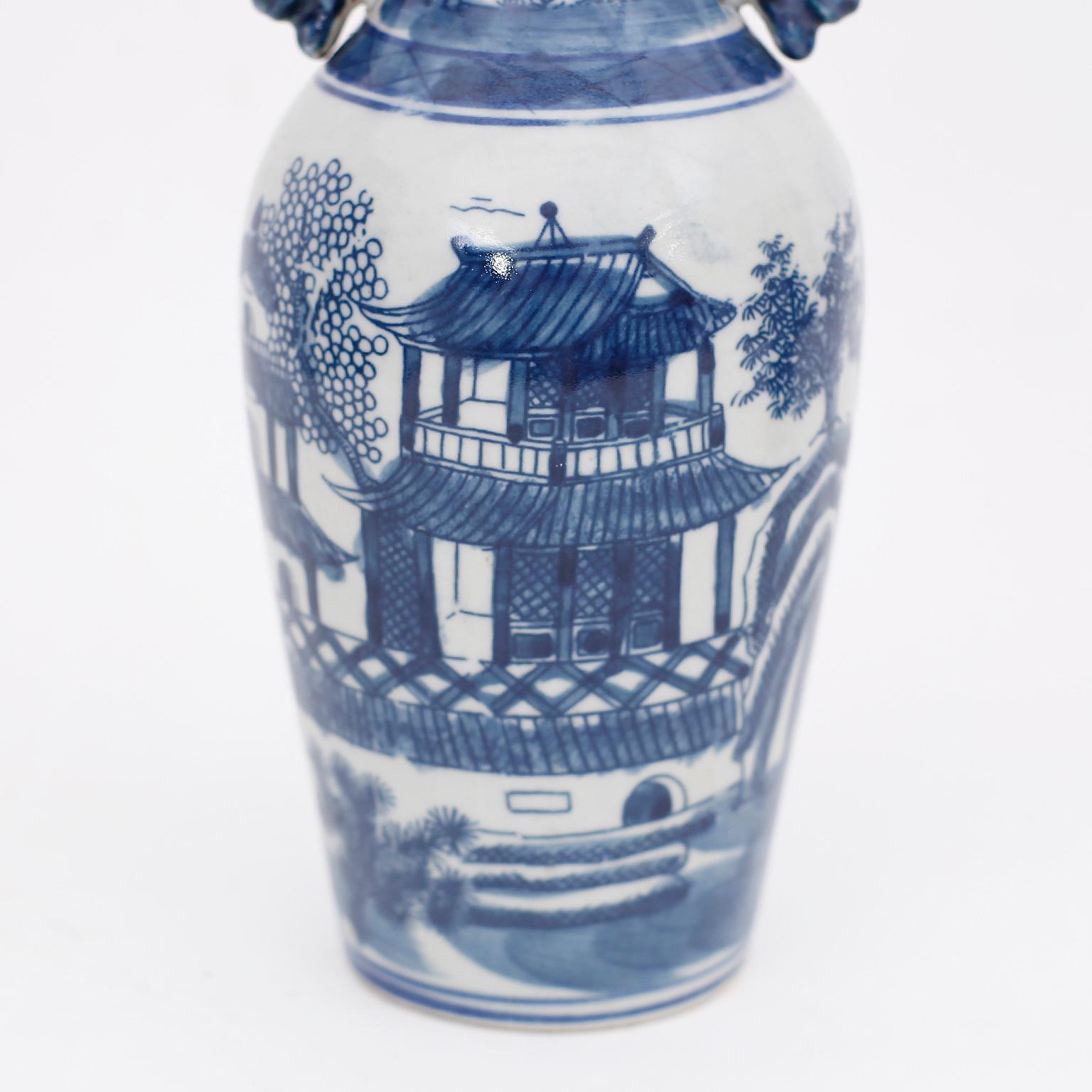 Pair of Blue and White Porcelain Vases with Pagodas In Good Condition In Palm Beach, FL