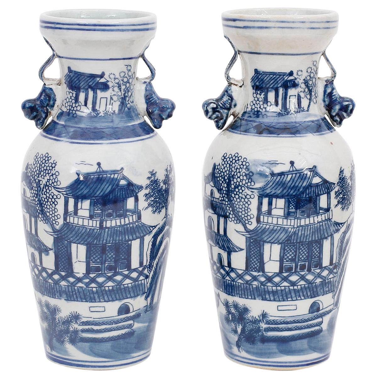 Pair of Blue and White Porcelain Vases with Pagodas
