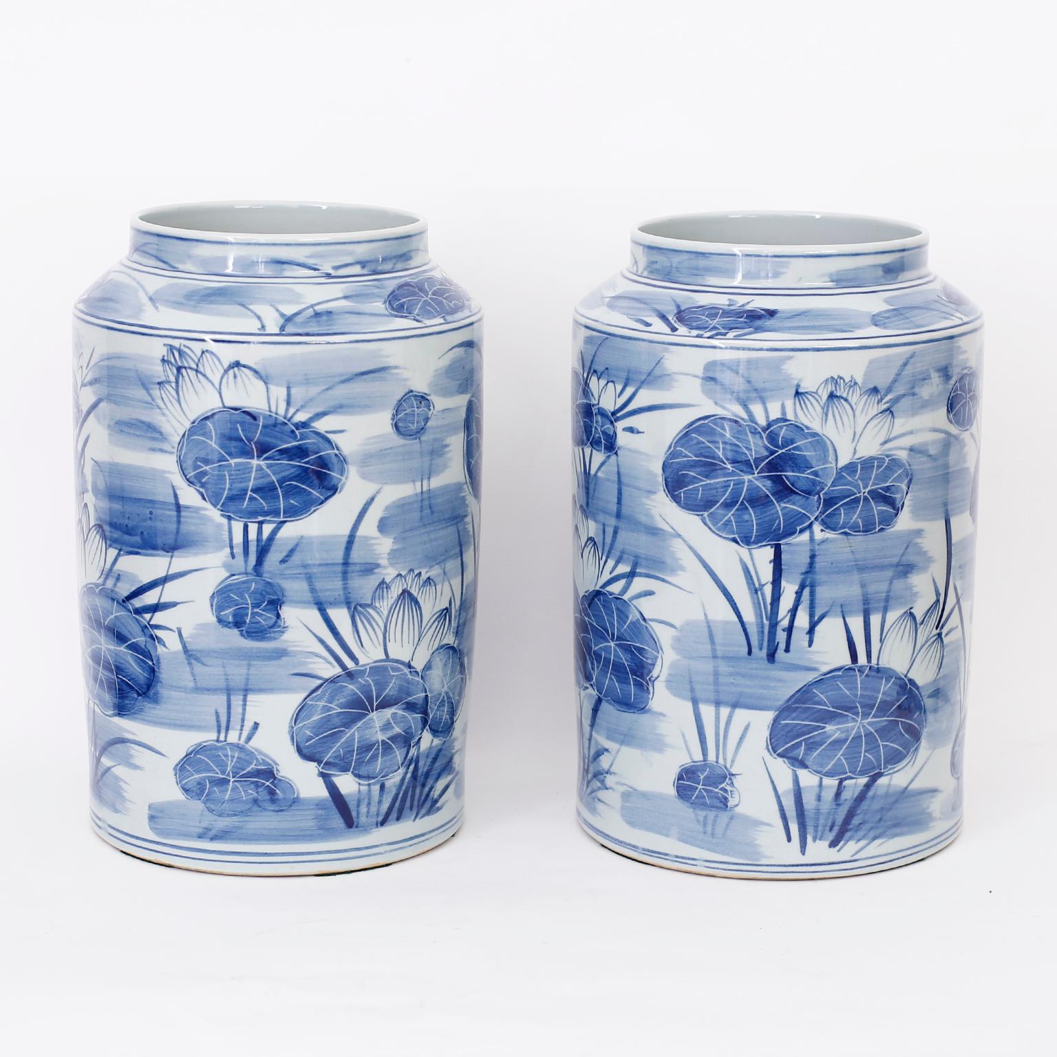 Chinese Export Pair of  Blue and White Porcelain Vases with Water Lillies For Sale