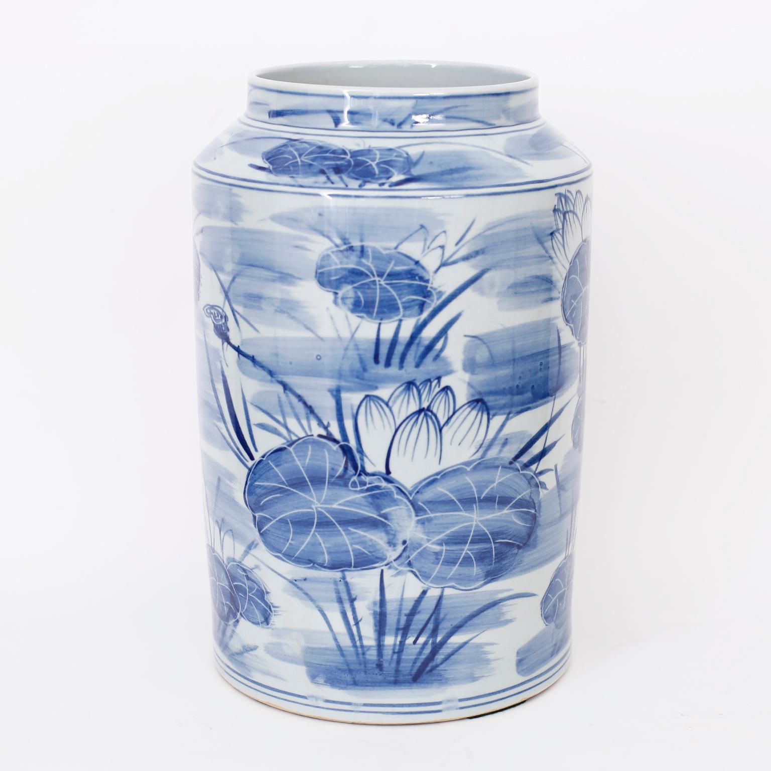 Chinese Pair of  Blue and White Porcelain Vases with Water Lillies For Sale