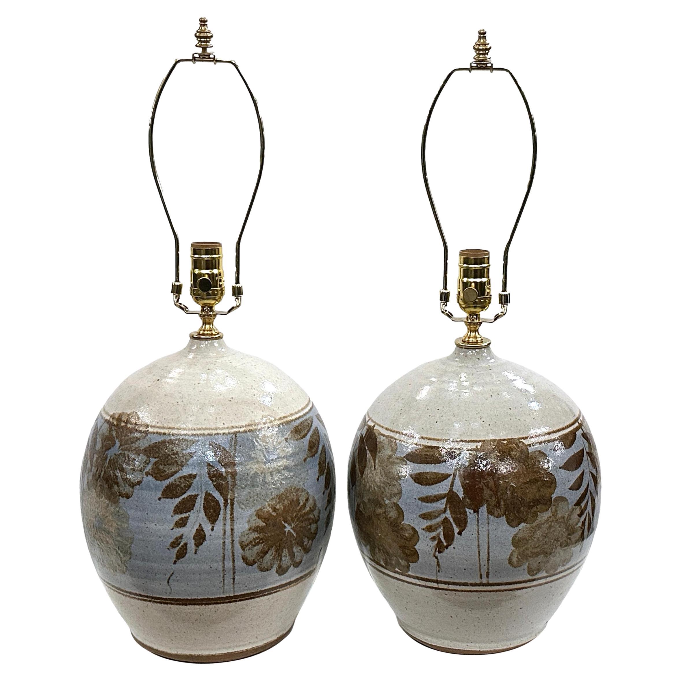 Pair of Blue and White Pottery Lamps For Sale