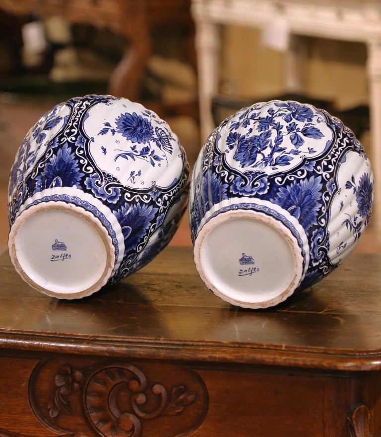 Pair of Blue and White Royal Sphinx Delft Ginger Jars with Foo Dog
