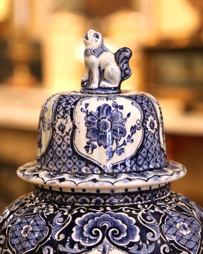Pair of Blue and White Royal Sphinx Delft Ginger Jars with Foo Dog