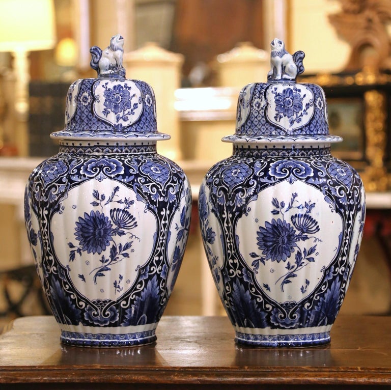 Pair of Blue and White Royal Sphinx Delft Ginger Jars with Foo Dog