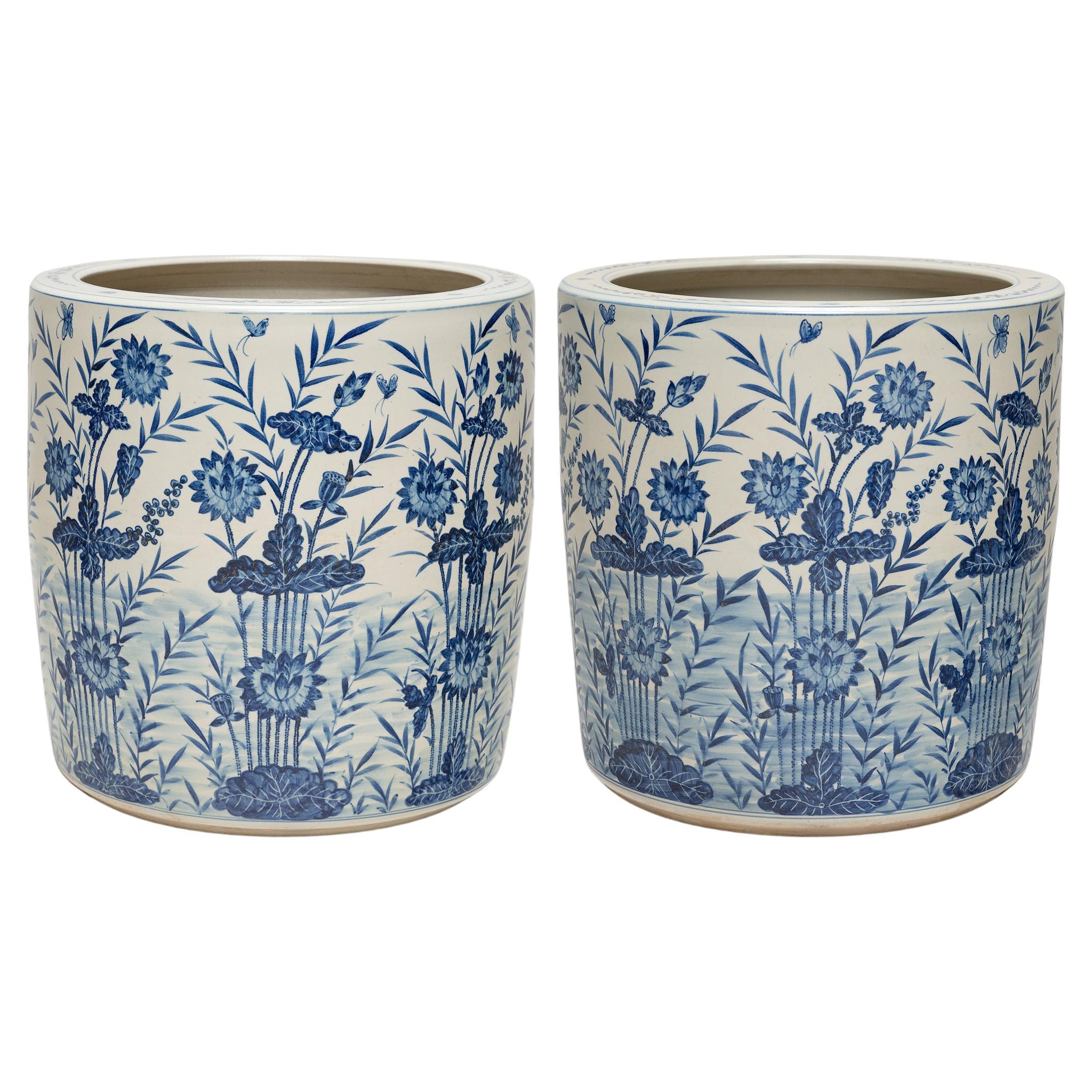 Pair of Blue and White Scroll Pots For Sale