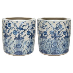 Pair of Blue and White Scroll Pots