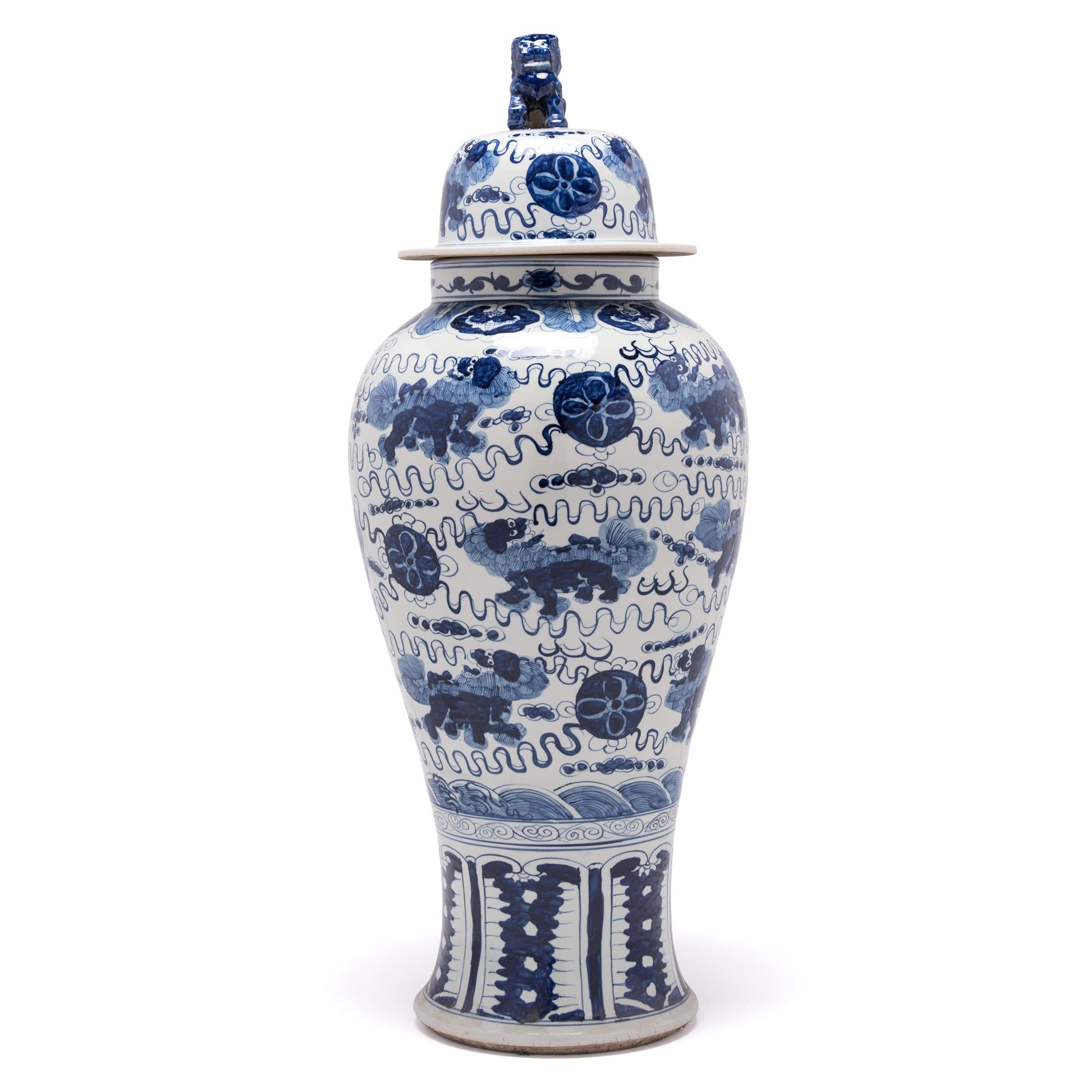 Chinese Export Pair of Blue and White Shizi Ginger Jars