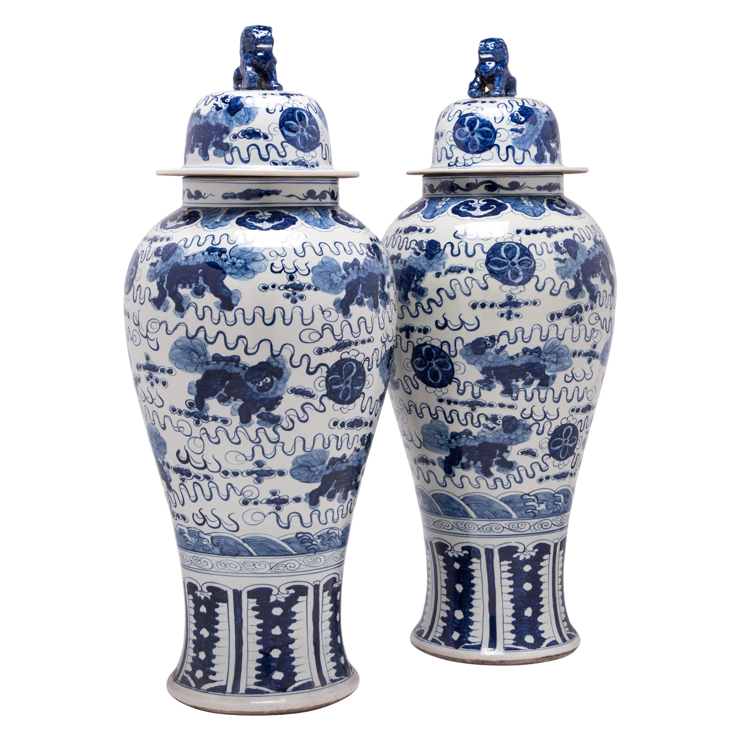 Pair of Blue and White Shizi Ginger Jars