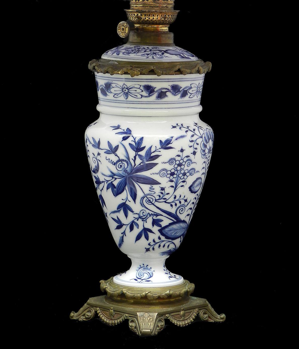 Porcelain Pair of Blue and White Table Lamps Chinoiserie Antique Oil Lamps