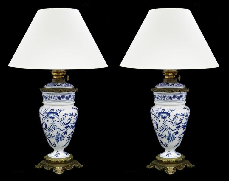 Pair of Blue and White Table Lamps Chinoiserie Antique Oil Lamps at 1stDibs