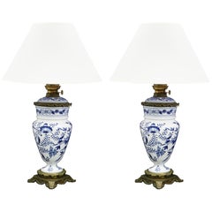 Pair of Blue and White Table Lamps Chinoiserie Antique Oil Lamps