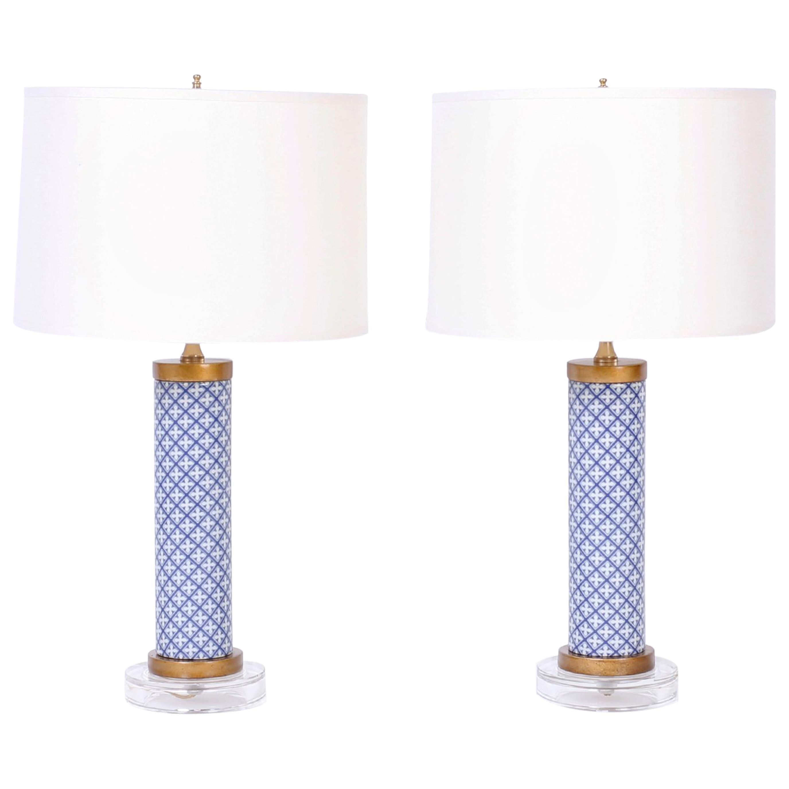 Pair of Blue and White Table Lamps For Sale