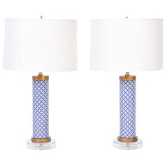 Used Pair of Blue and White Table Lamps