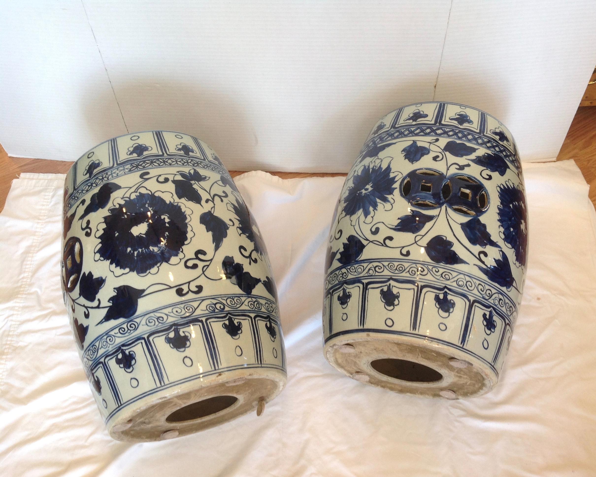 Pair of Blue and White Terra Cotta Garden Seats 5