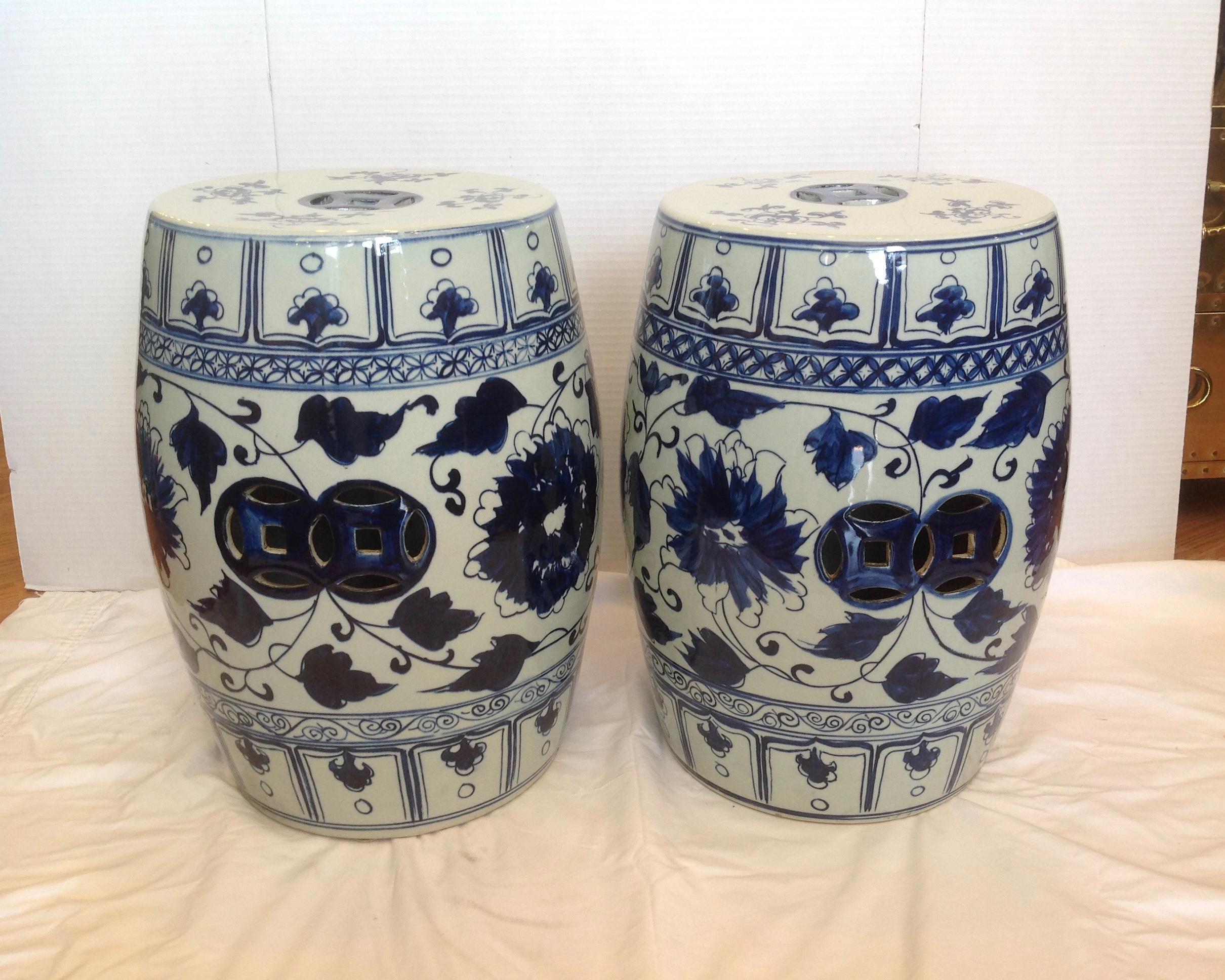 Vivid dark blue accents and pierced sides and tops accent these glazed 
terra cotta seats.