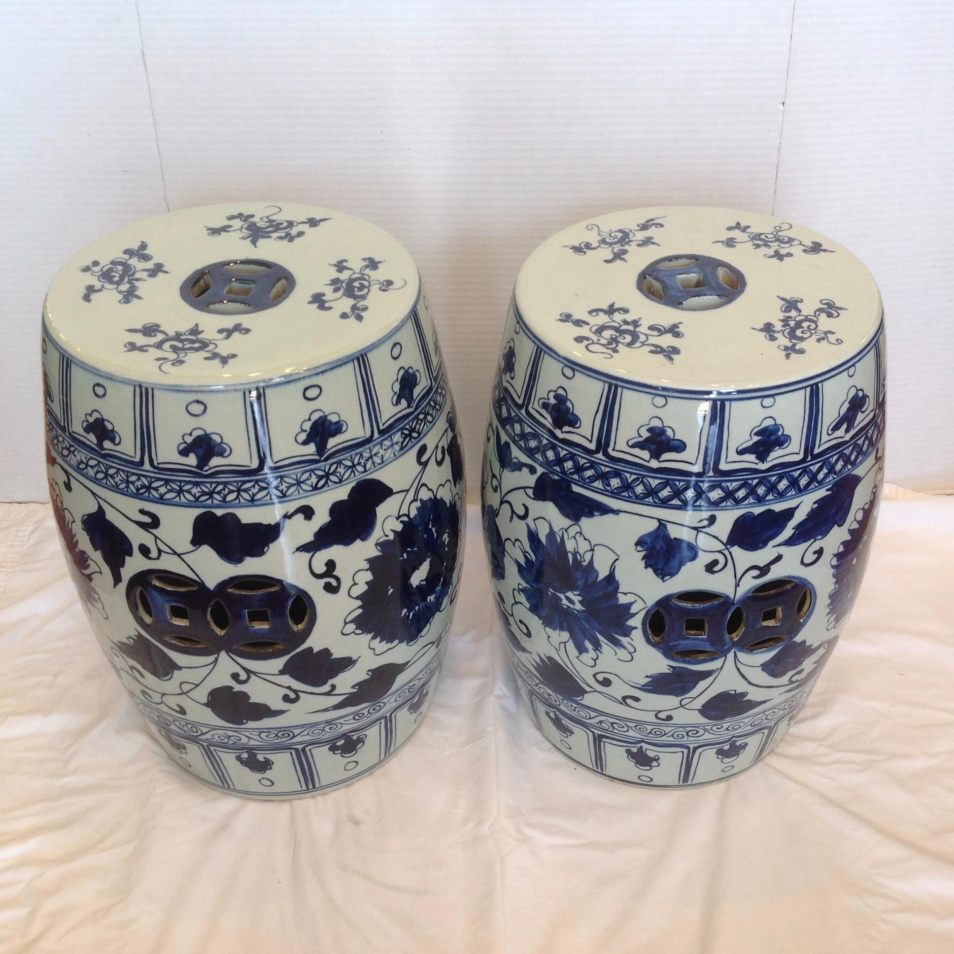 Chinese Pair of Blue and White Terra Cotta Garden Seats
