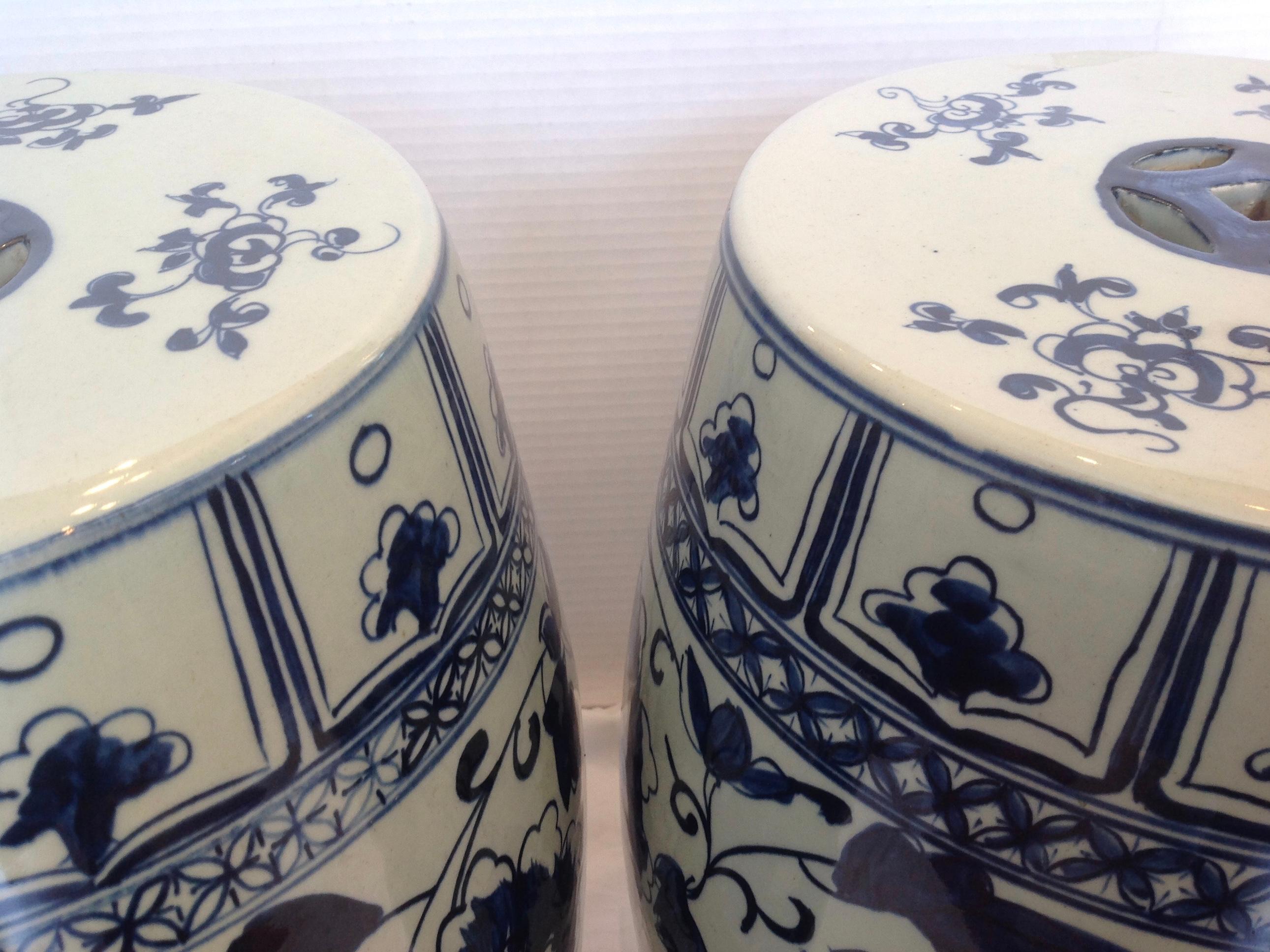 Late 20th Century Pair of Blue and White Terra Cotta Garden Seats