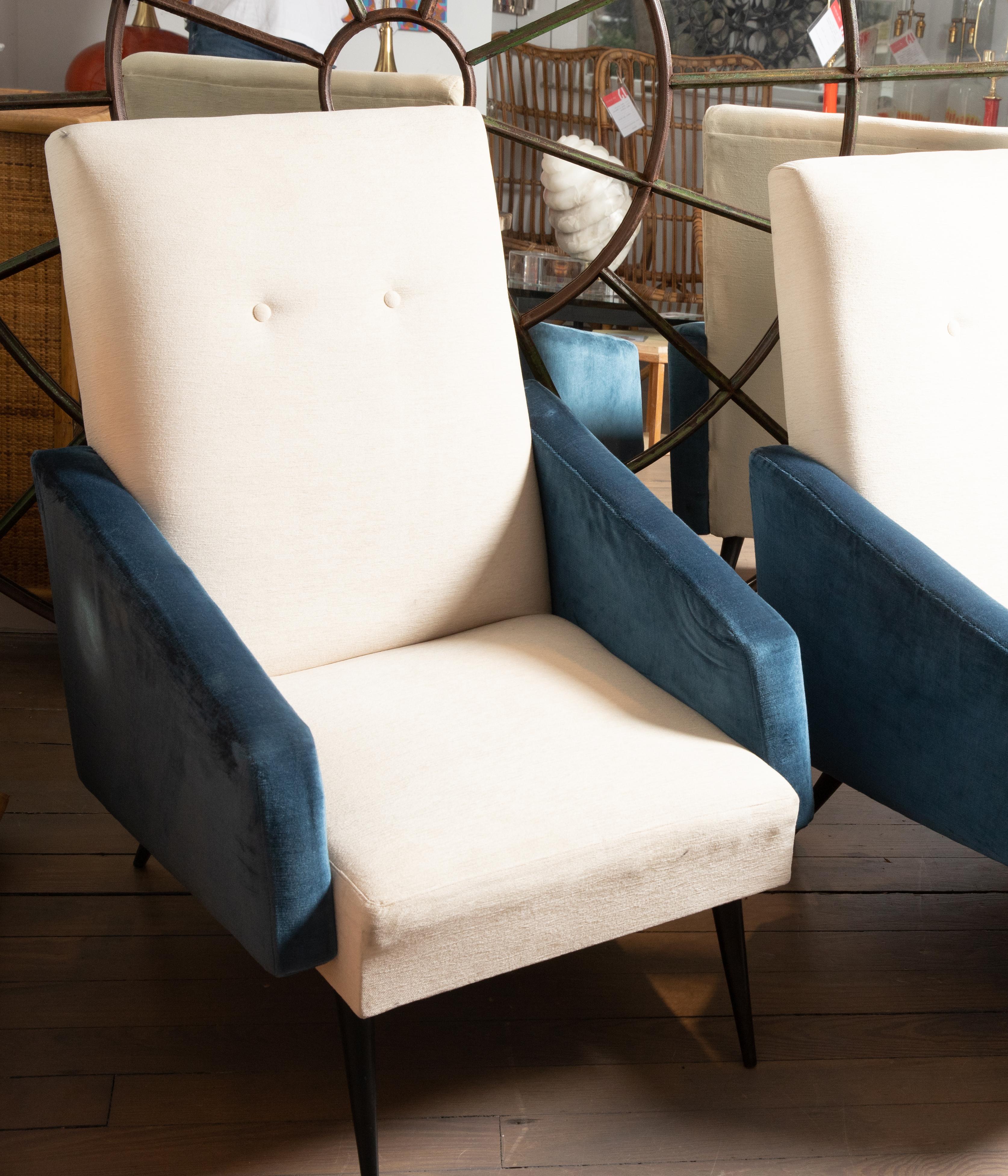 Mid-Century Modern Pair of Blue and White Upholstered Armchairs
