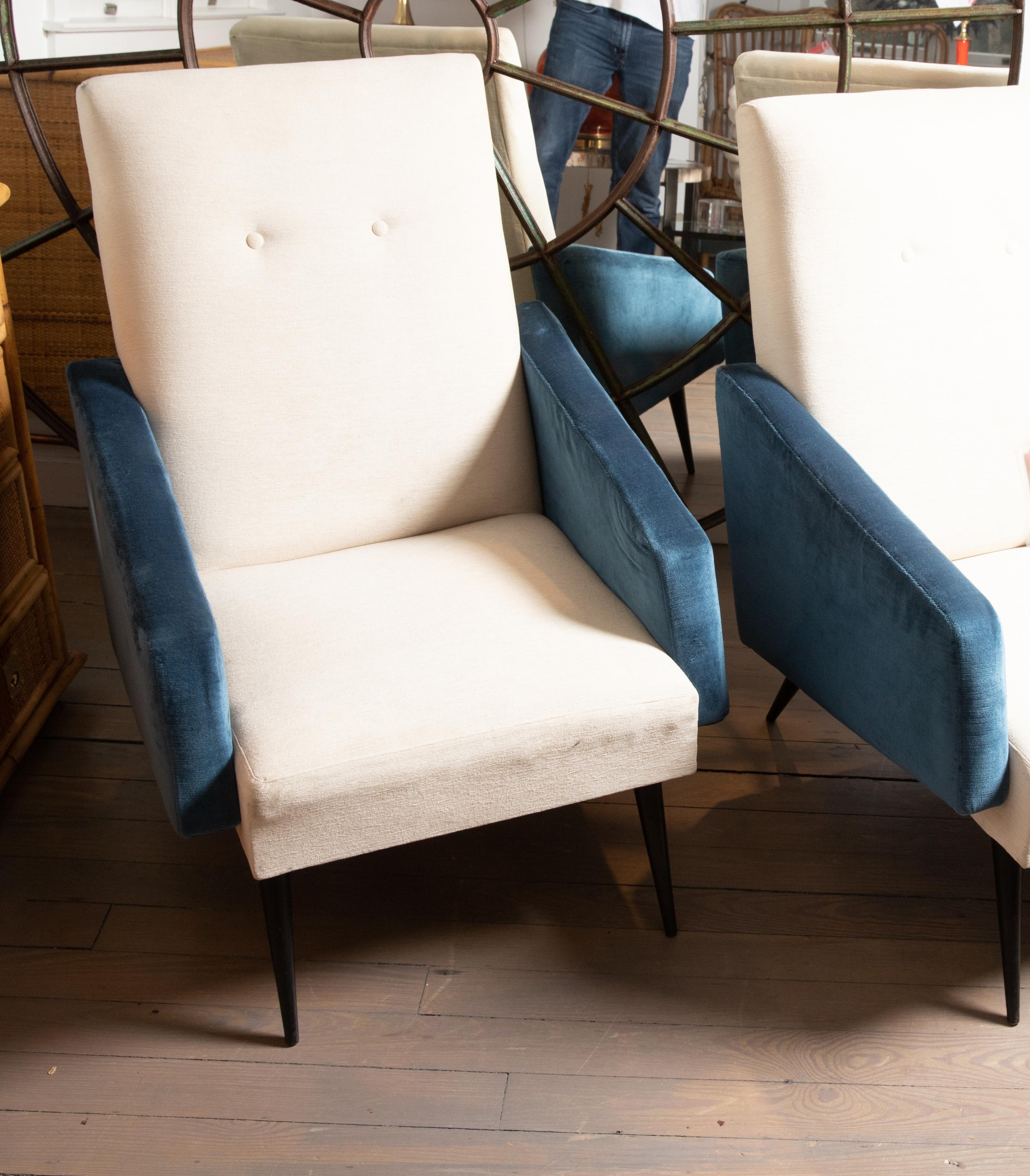 Italian Pair of Blue and White Upholstered Armchairs