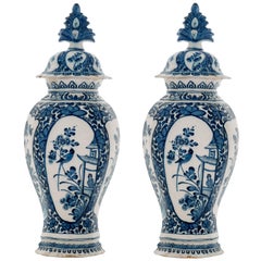 Pair of Blue and White Vases with Lid in Dutch Delftware