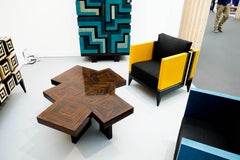 Pair of Blue and Yellow Marquetry Armairs "Cube" by Aymeric Lefort