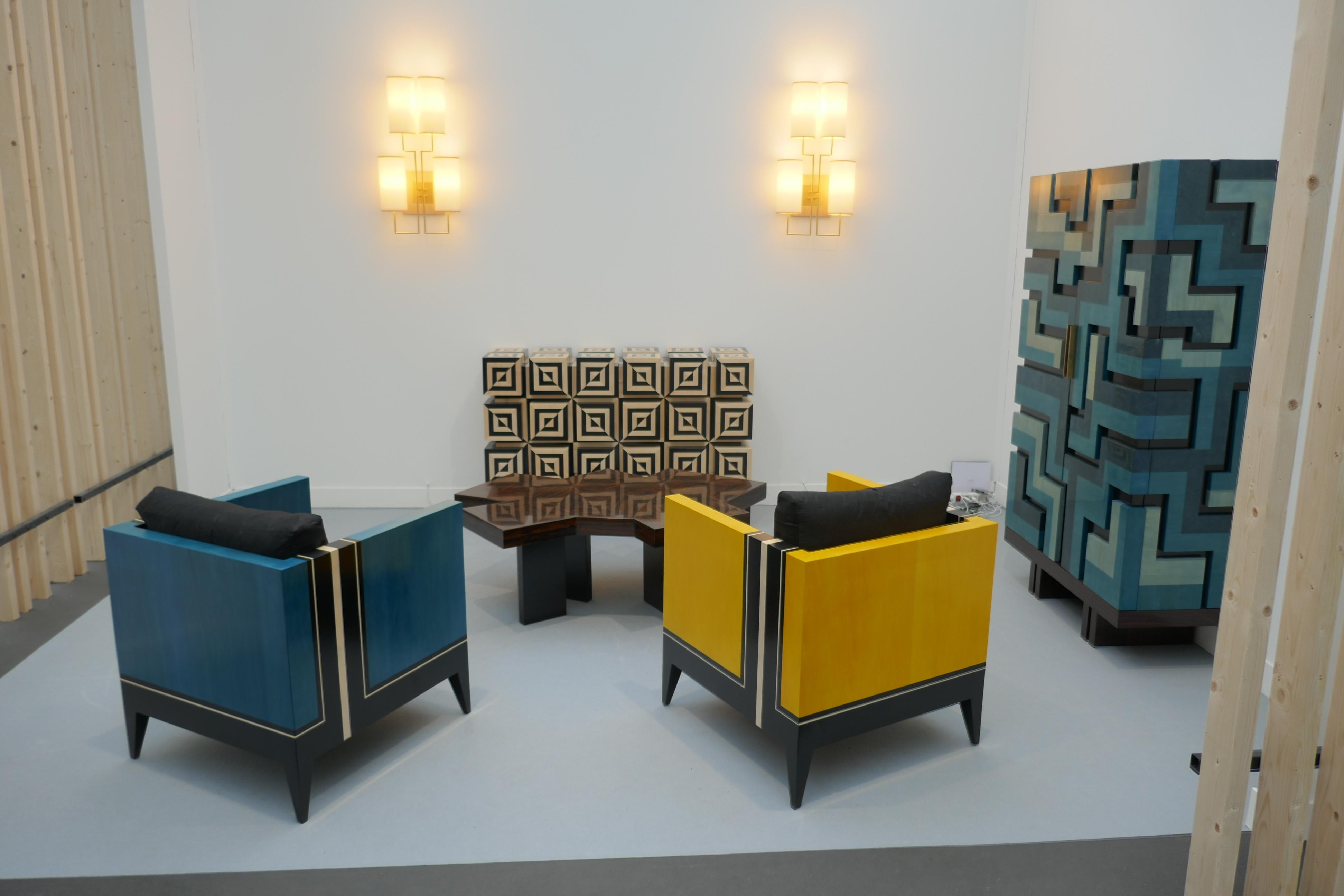 Modern Pair of Blue and Yellow Marquetry Armairs 