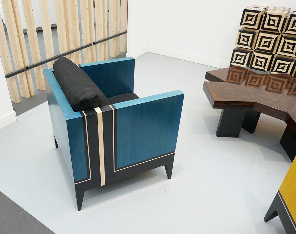 Contemporary Pair of Blue and Yellow Marquetry Armairs 