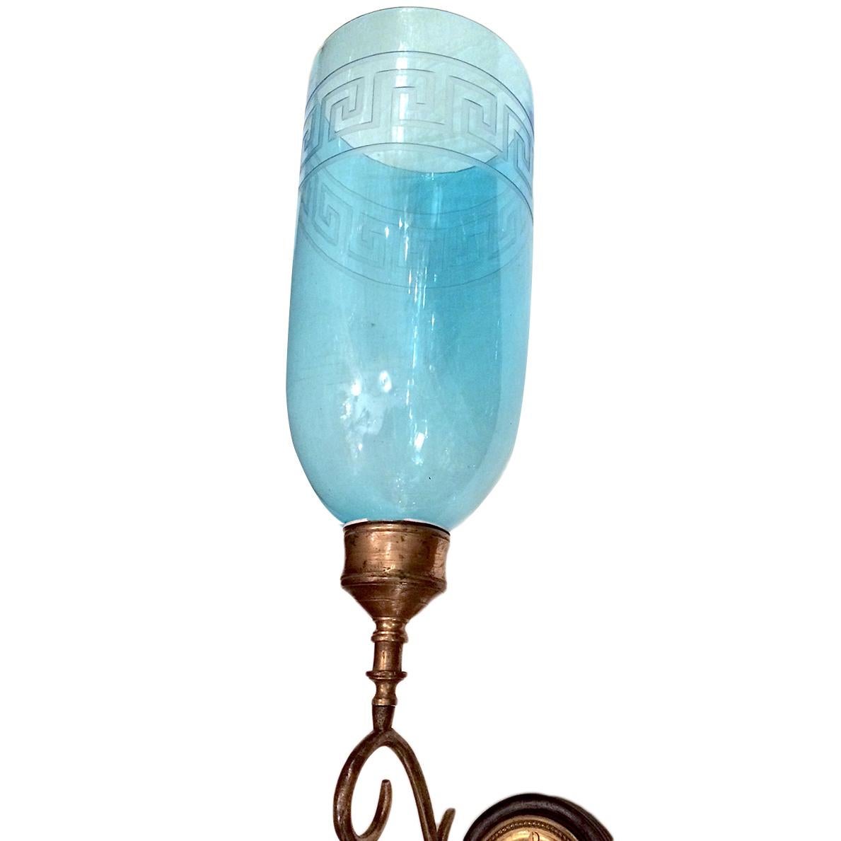 Hand-Carved Pair of Blue Anglo Indian Sconces For Sale
