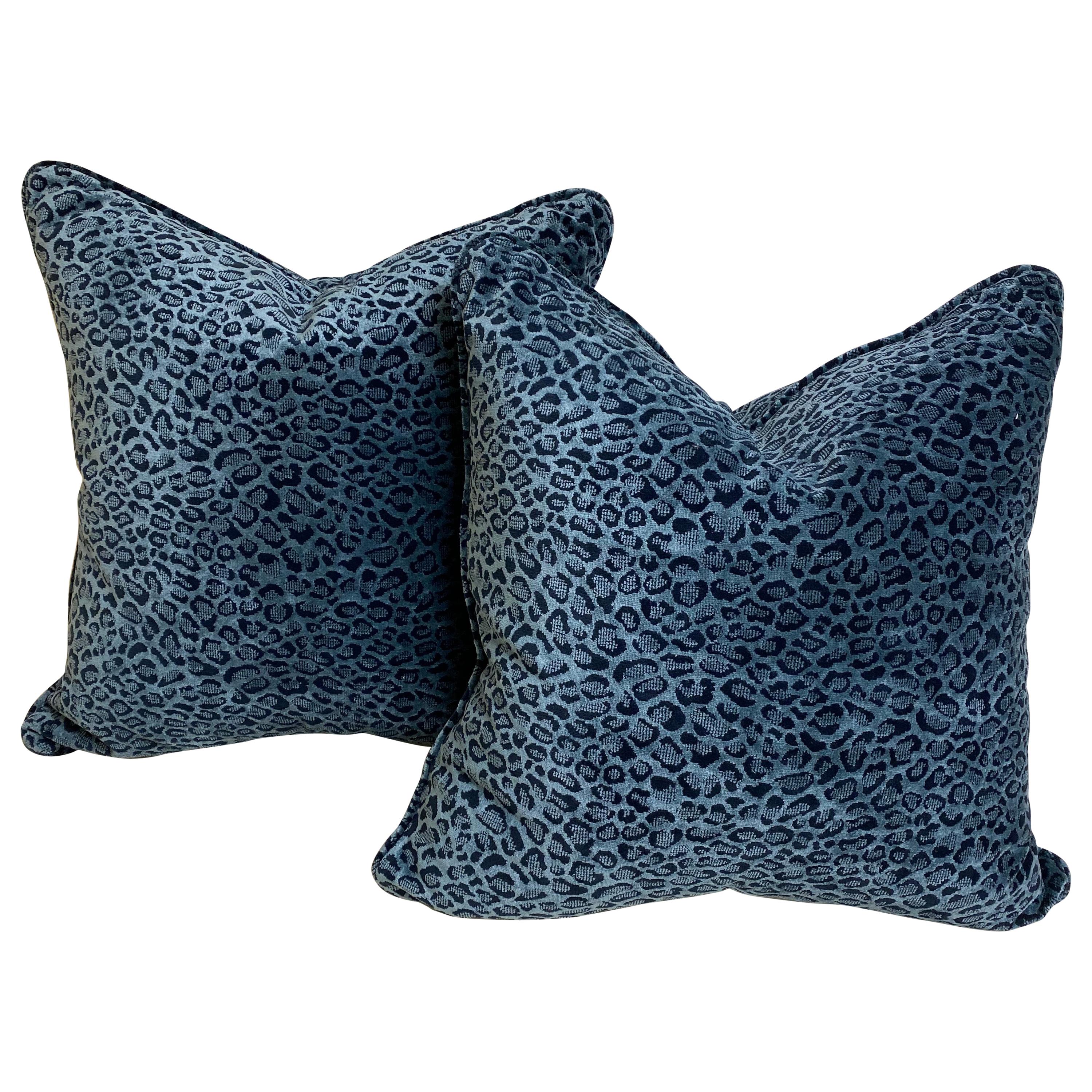 Pair of Blue Animal Print Velvet Cushions