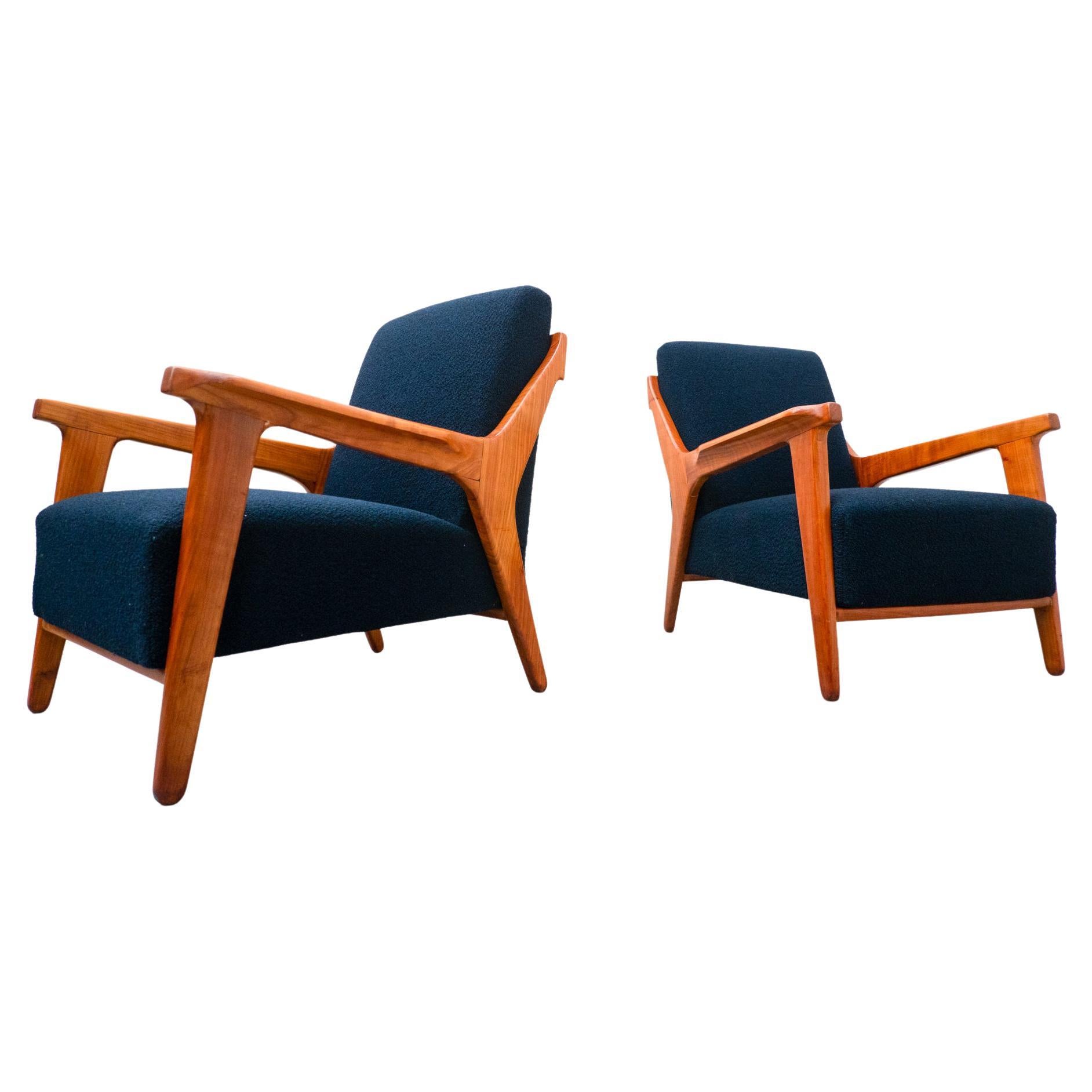 Pair of Blue Armchairs attributed to Melchiorre Bega, Cherry Wood, Italy