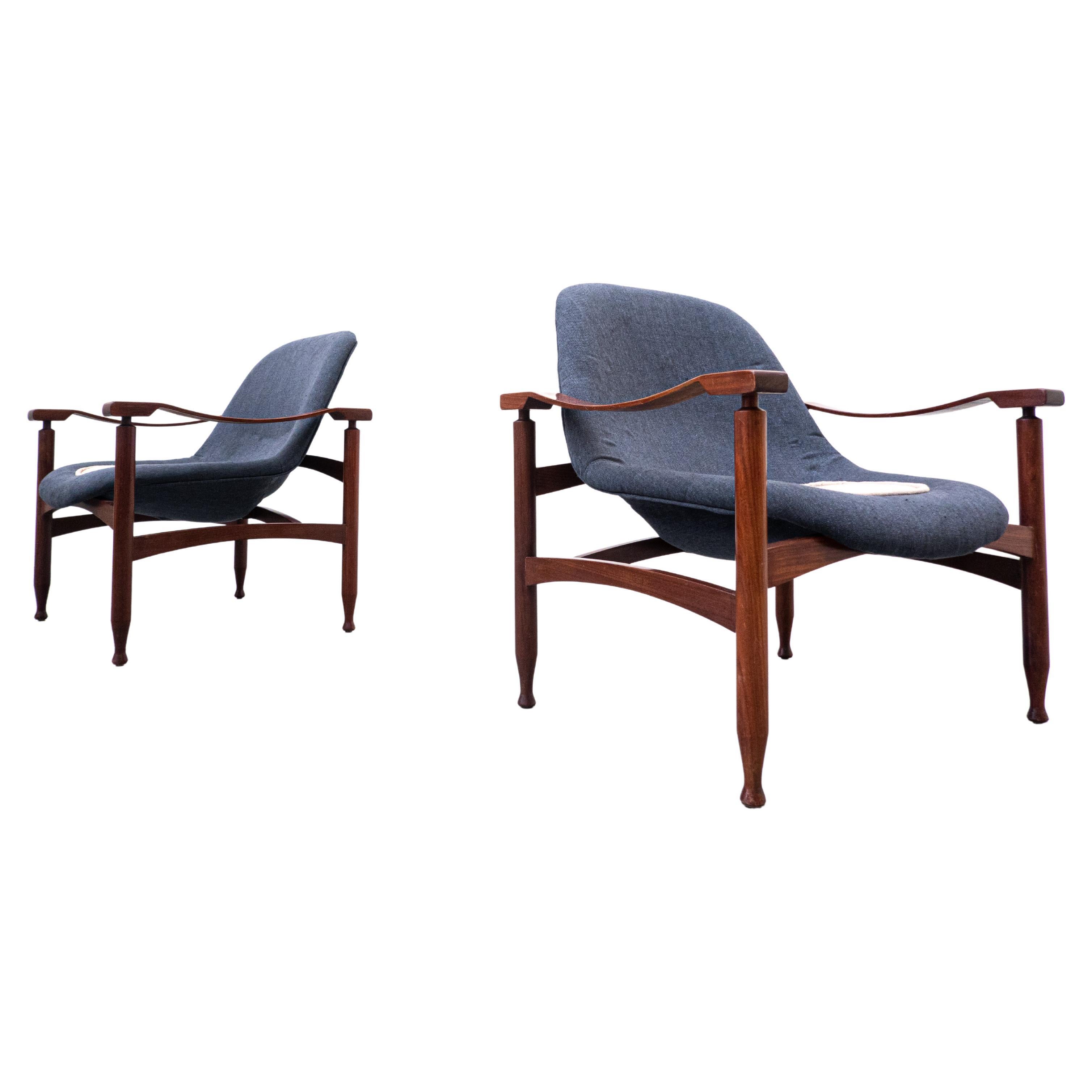 Pair of Blue Armchairs by Jorge Zalszupin, Wood and Fabric, Brasil, 1960s For Sale