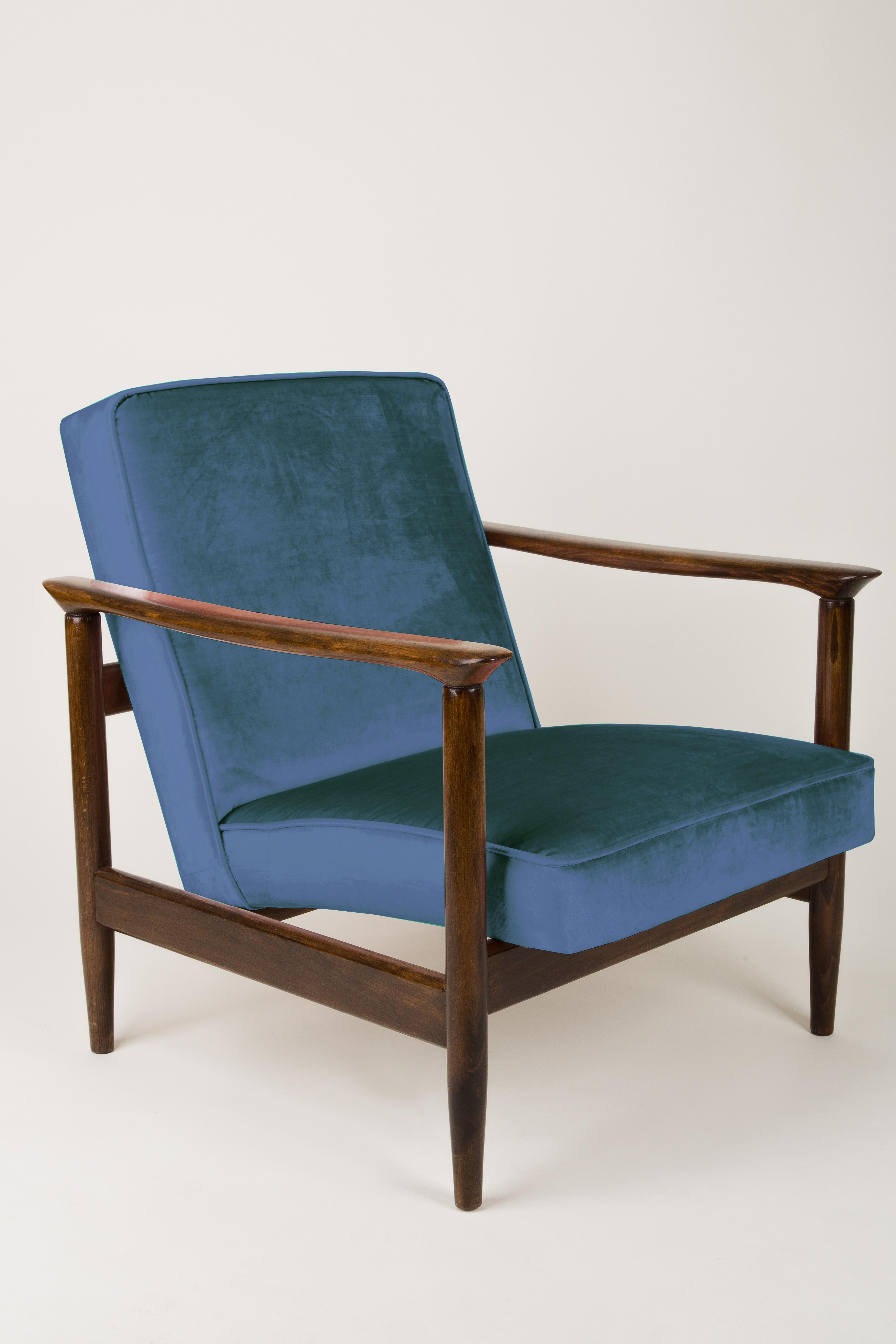 Mid-Century Modern Pair of Blue Armchairs, Edmund Homa, GFM-142, 1960s, Poland For Sale