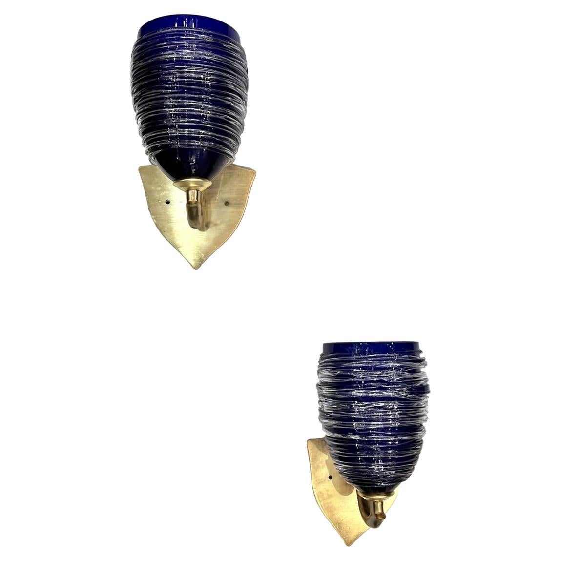 Paire d'appliques en verre d'art bleu en vente