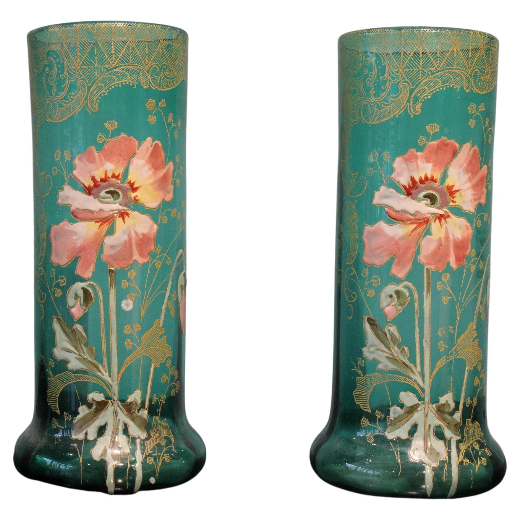 Pair of Blue Art Nouveau Glass Vases, Attributed to Legras For Sale