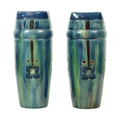 Pair of Blue Art Nouveau Vases Flemish Pottery Antiques