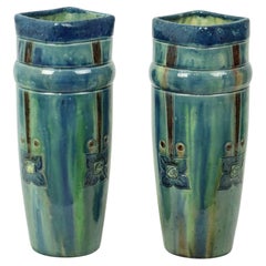 Pair of Blue Art Nouveau Vases Flemish Pottery Antiques