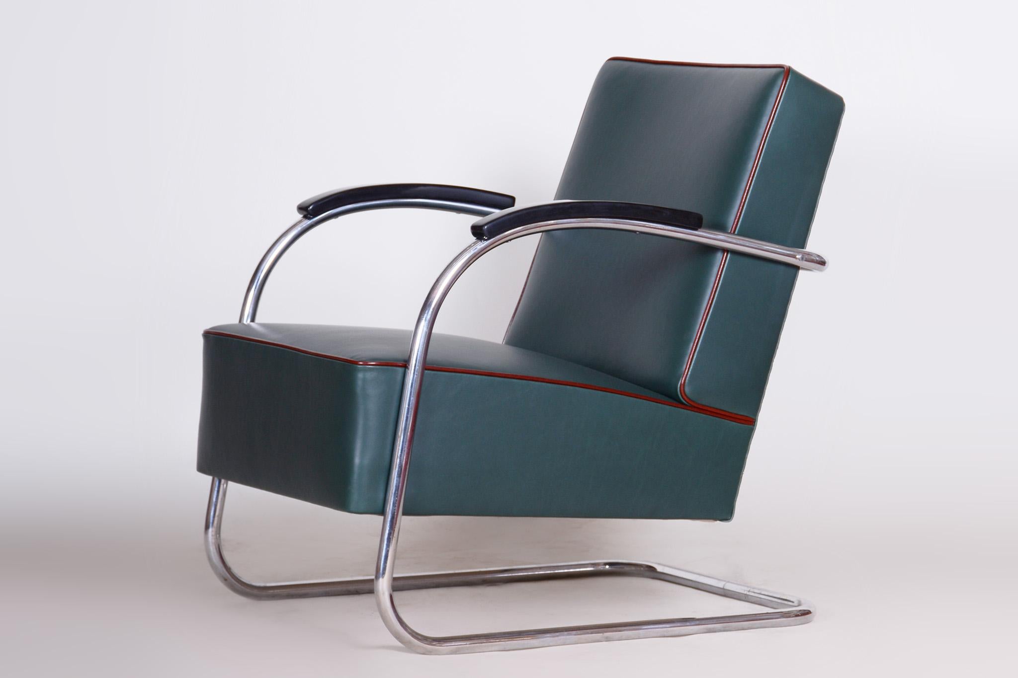 Leather Pair of Blue Bauhaus Armchairs, Made by Mucke Melder in 1930s Czechia For Sale