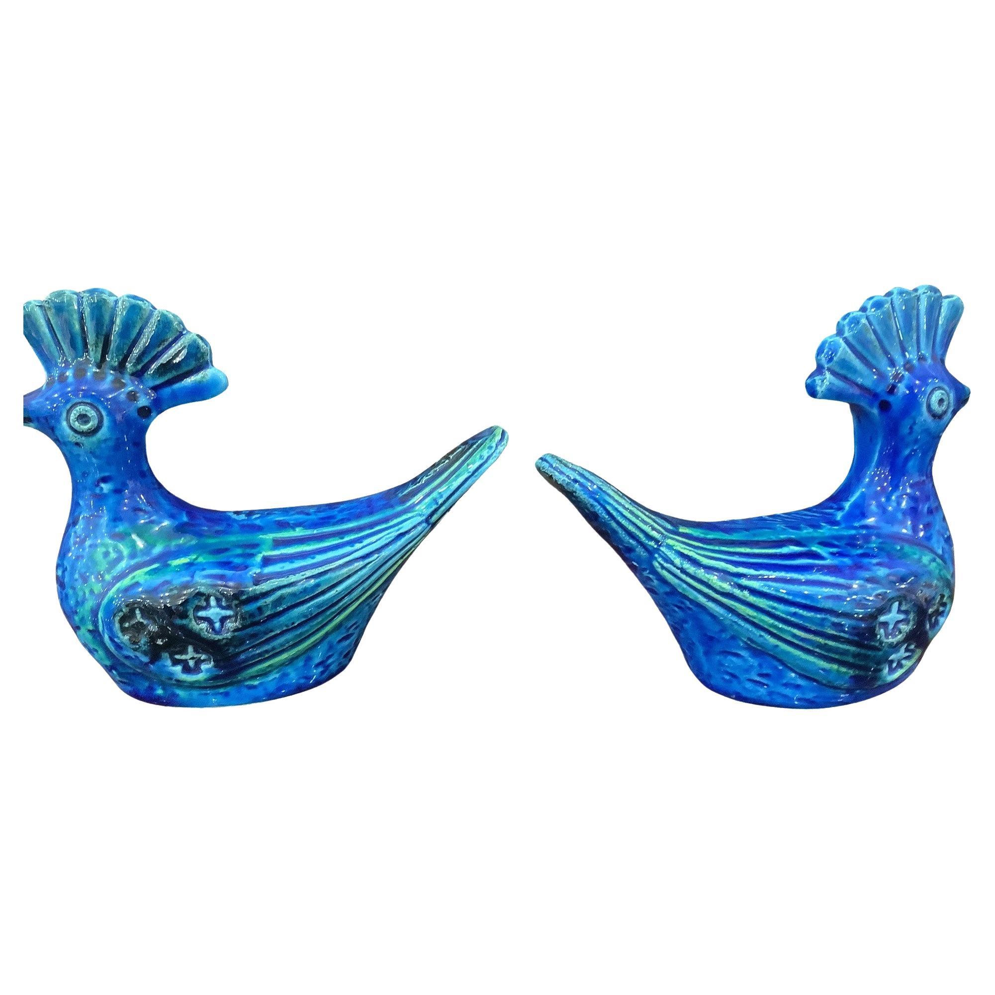 Pair of Blue Italian ceramic birds by Bitossi Rimini Flavia Montelupo. 
They retain original paper labels.

