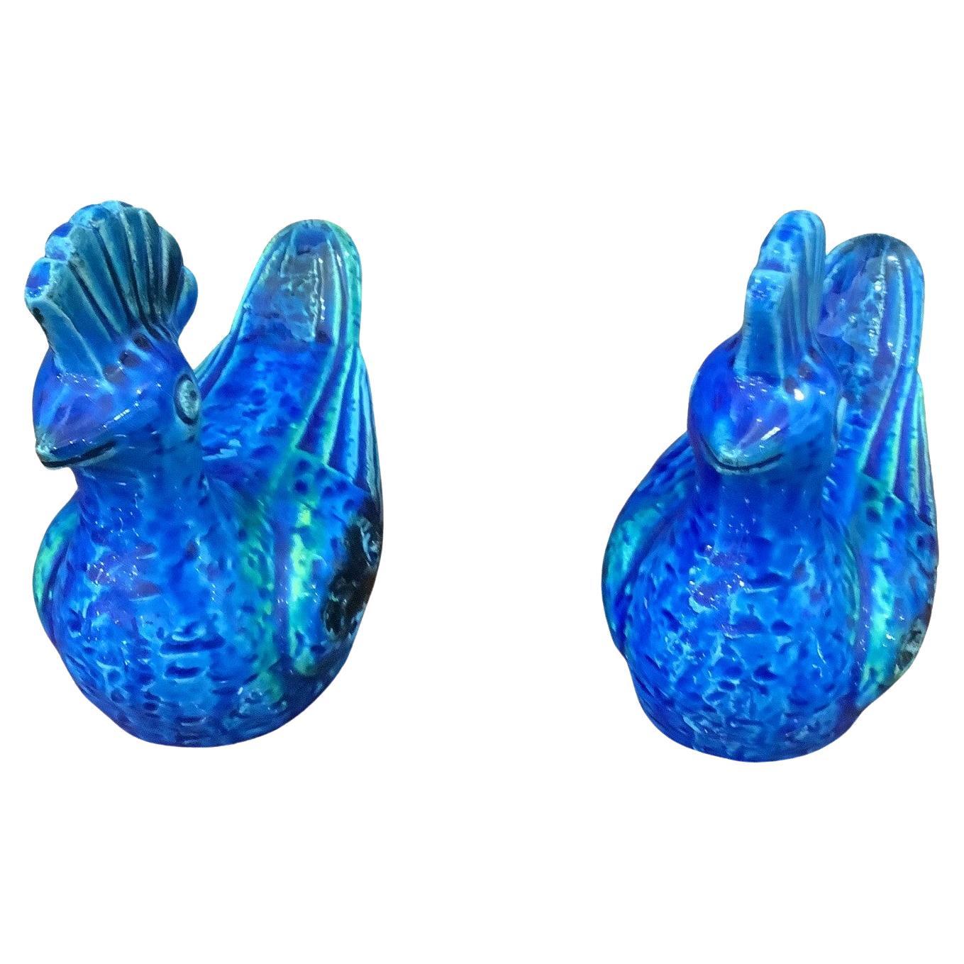 Mid-Century Modern Pair of Blue Bitossi Rimini Flavia Montelupo Birds, Italy 1960's