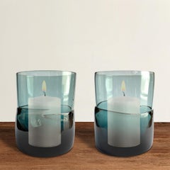 Pair of Blue Blown Glass Votive Hurricanes