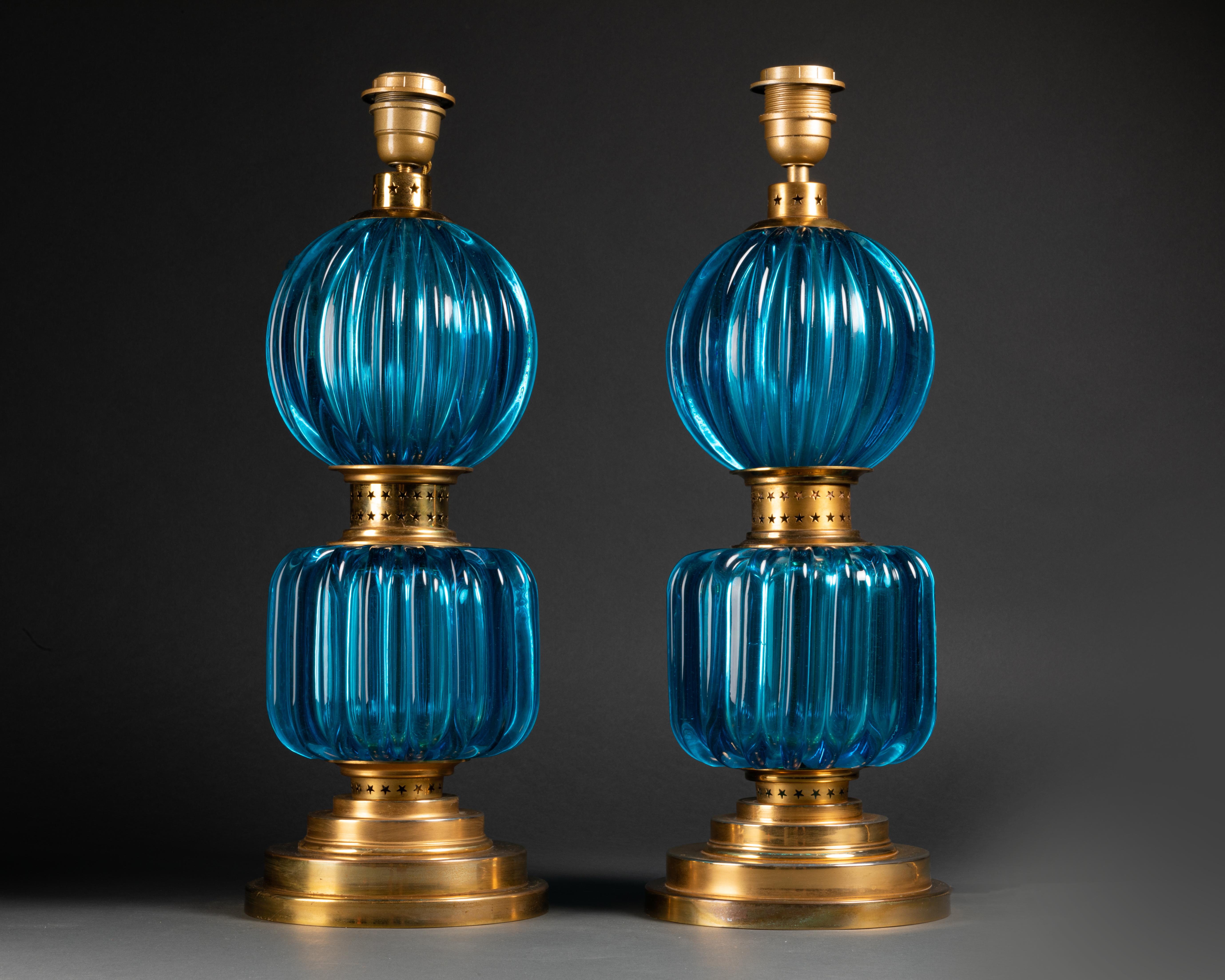Pair of blue blown Murano glass and brass lamps, circa 1960. Wired to the EU standard. Sold with or without lampshade. Height to socket cm.