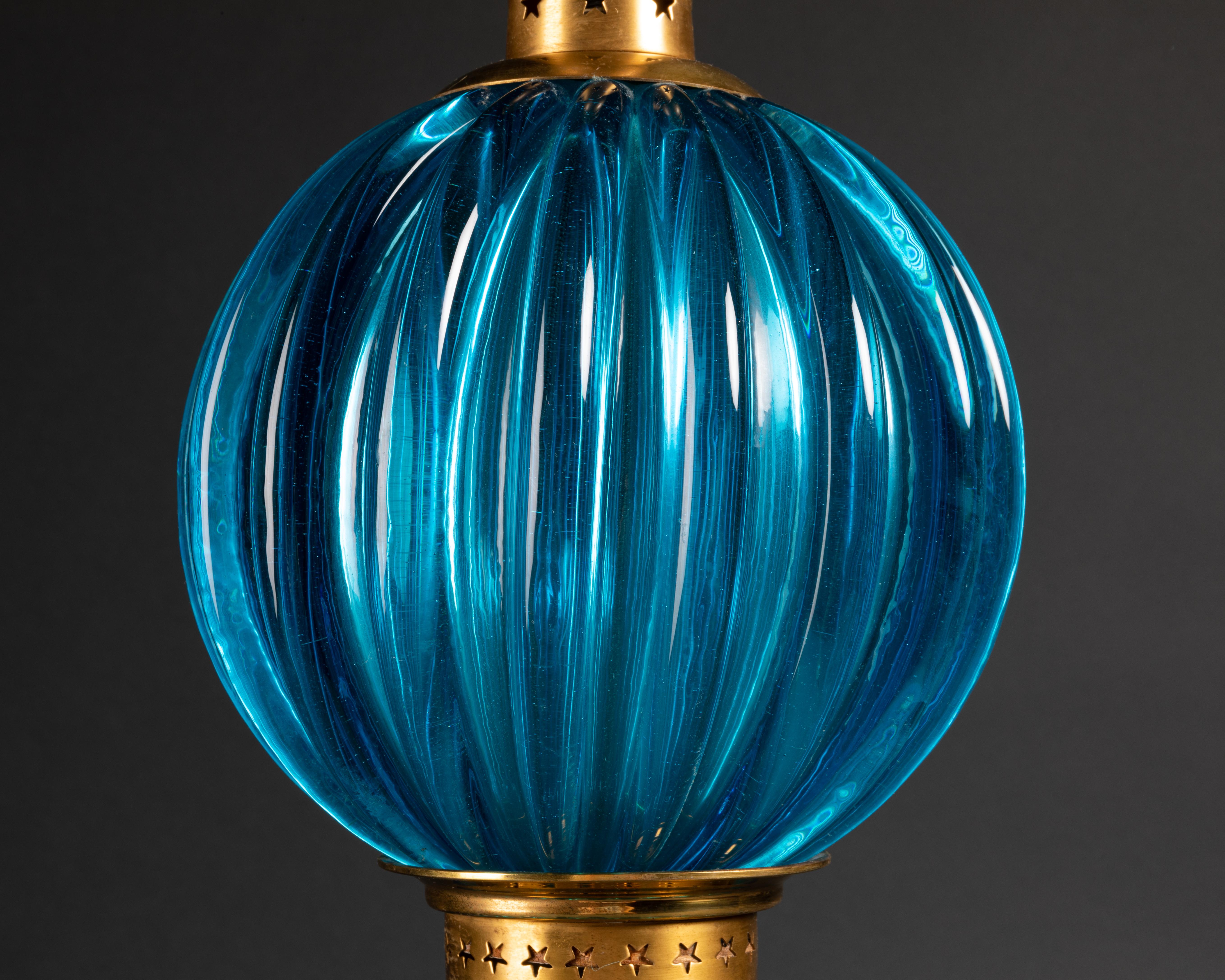 Pair of Blue Blown Murano Glass Lamps In Good Condition For Sale In Paris, FR