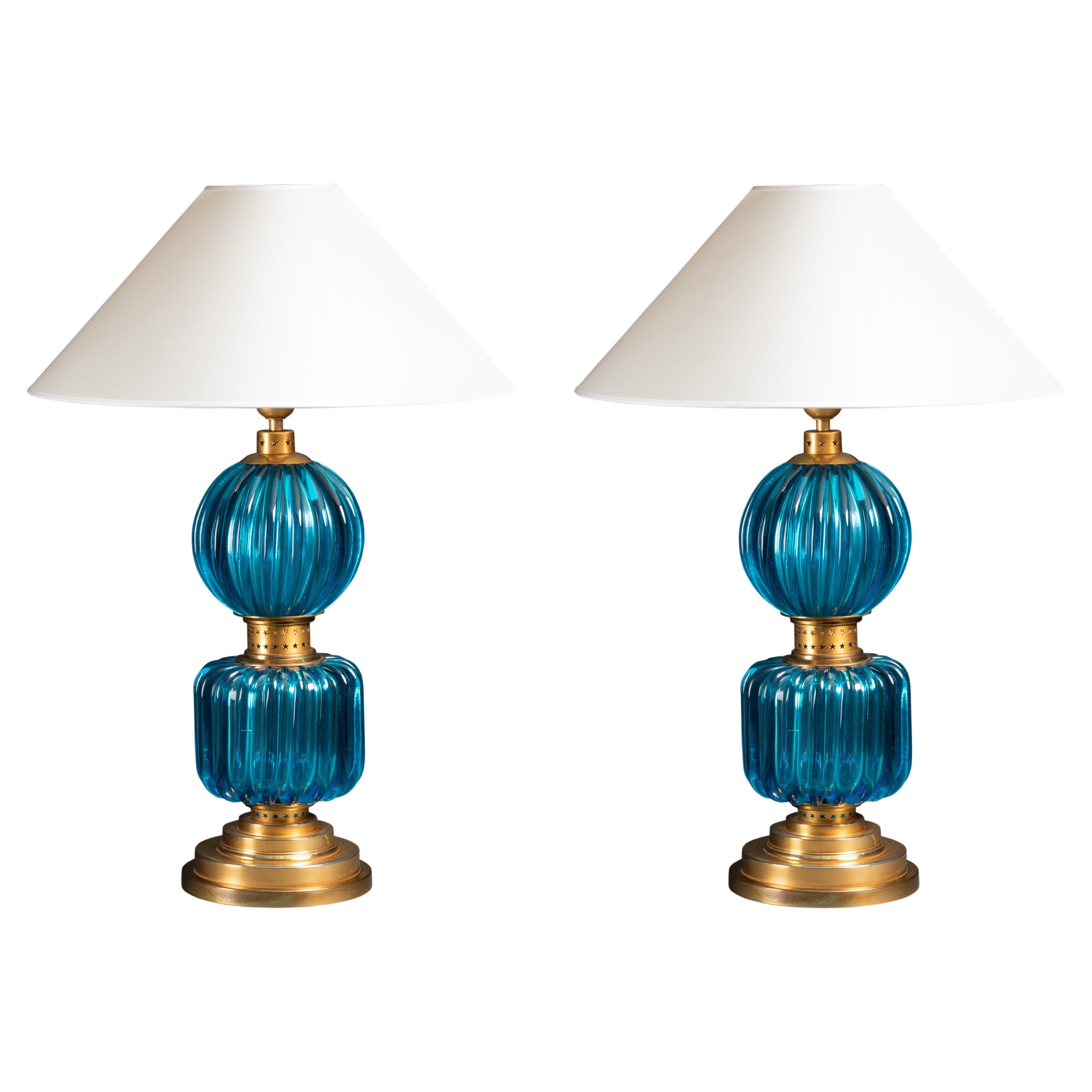 Pair of Blue Blown Murano Glass Lamps